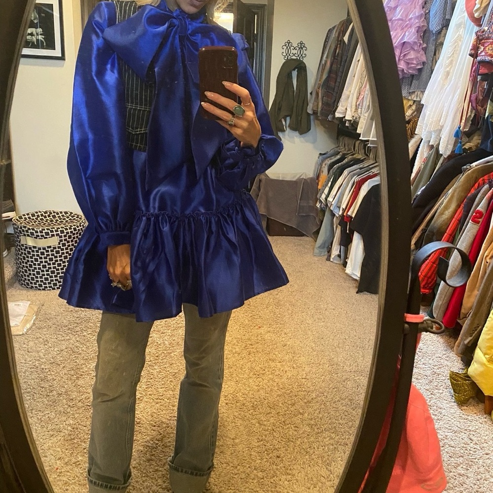 AKIRA Electric Blue Satin Bow Ruffle Mini Dress - Picture 2 of 5